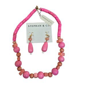 Stephan & Co Women's Wood Beaded Pink Multi Necklace * Earring Set